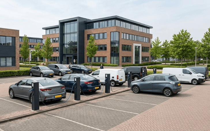 extra-belasting-leaseauto-2027-elektrisch-wagenpark Elektrisch zakelijk wagenpark aan laadpalen bij een bedrijfslocatie