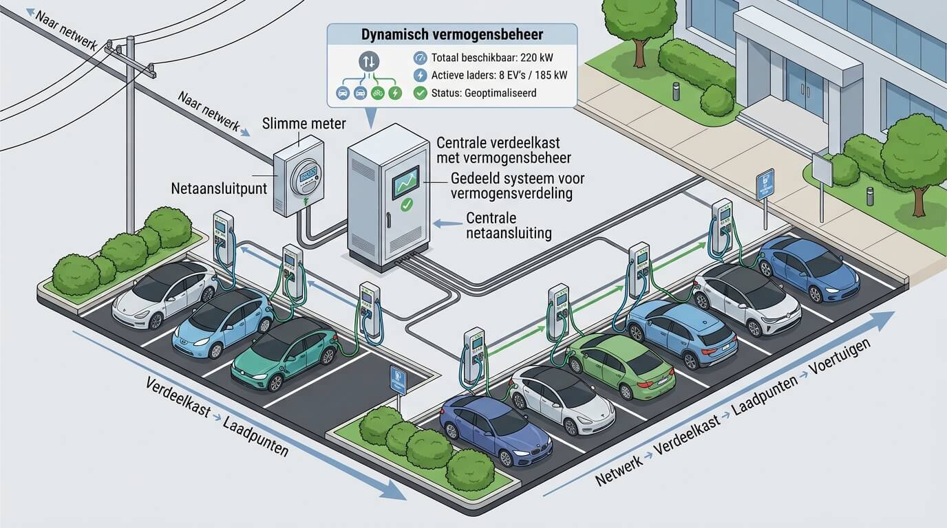 Illustratie zakelijk laadplein met dynamisch vermogensbeheer en centrale netaansluiting Isometrische illustratie van een zakelijk laadplein waarbij meerdere elektrische auto's tegelijk opladen via één centrale netaansluiting met dynamisch vermogensbeheer en vermogensverdeling over alle laadpunten