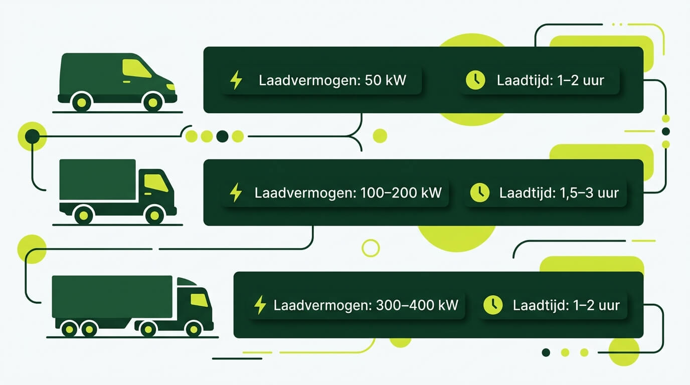 Infographic met drie rijen die het benodigde laadvermogen en de laadtijd tonen voor een lichte elektrische bestelwagen (50 kW, 1-2 uur), middelzware elektrische vrachtwagen (100-200 kW, 1,5-3 uur) en zware elektrische vrachtwagen (300-400 kW, 1-2 uur)