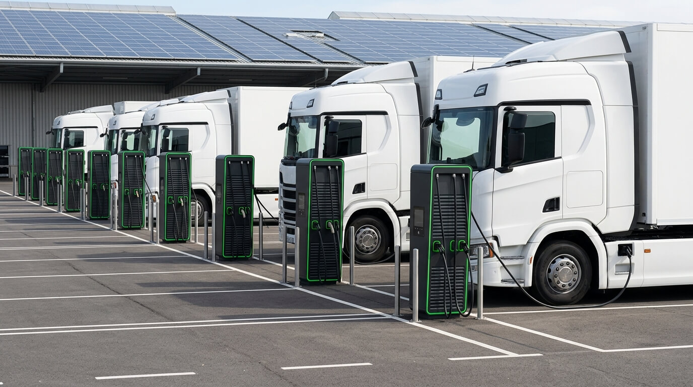 Laadplein voor elektrische vrachtwagens met Alpitronic DC-snelladers op bedrijfsterrein met zonnepanelen Rij Alpitronic DC-snelladers op een bedrijfsterrein waar meerdere witte elektrische vrachtwagens tegelijk opladen, met zonnepanelen zichtbaar op het dak van het magazijn op de achtergrond
