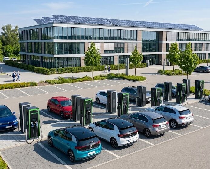 Zakelijk laadplein met meerdere Alpitronic Hypercharger DC-snelladers op bedrijfslocatie Zakelijk laadplein met meerdere elektrische auto's die tegelijk opladen aan Alpitronic Hypercharger DC-snelladers op een bedrijventerrein met zonnepanelen op het dak